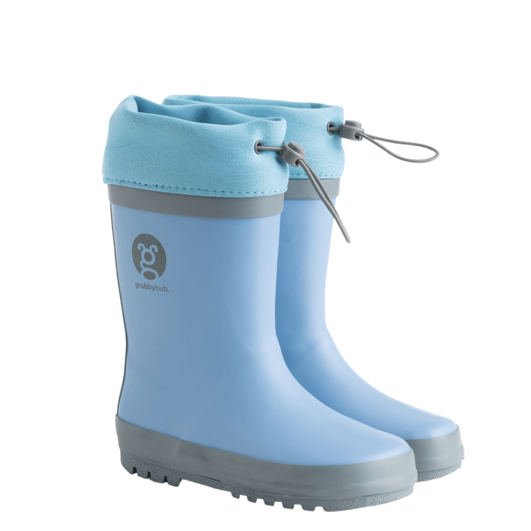 Grubbybub kids gumboots are a good splash above your regular gumboot. Front view with logo, adjustable top and pull string toggles in our blue clear skies colour